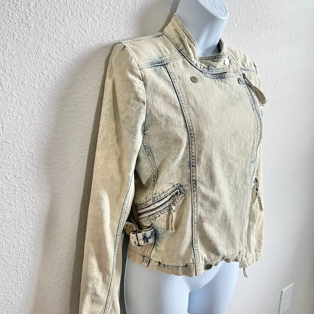 IRO Moto Bleached Acid Wash Denim Jacket Women's XS Pockets Jean Stretch